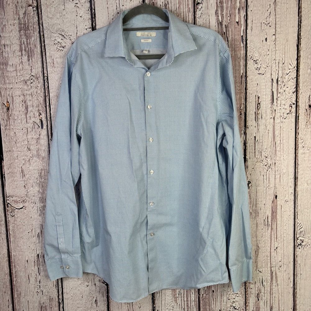 Perry Ellis Portfolio Slim Fit Men’s Button Down Shirt Blue Multi 16.5 34/35 EUC